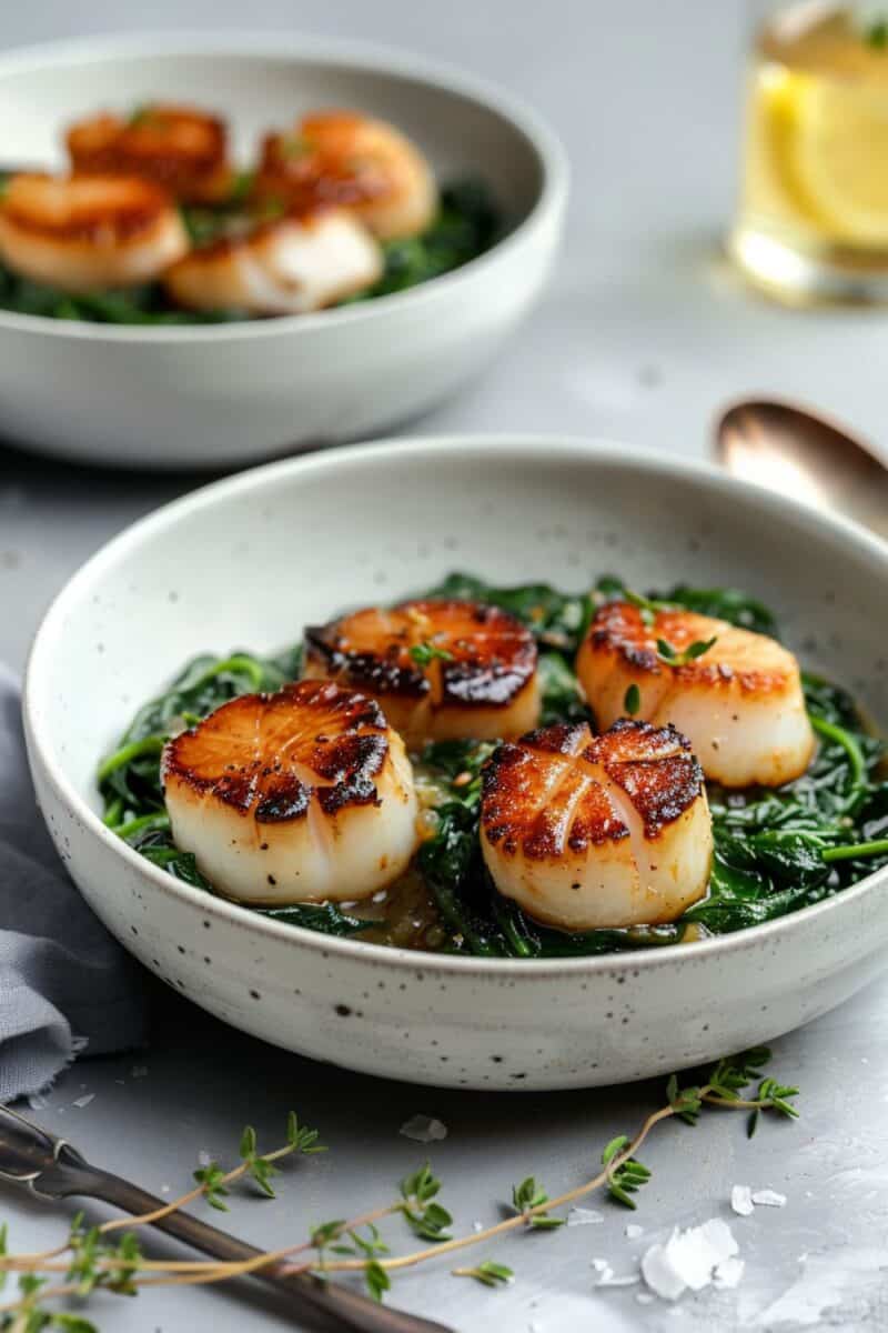 Golden seared scallops elegantly placed atop a lush bed of garlic-infused spinach, capturing the essence of a quick and delicious gourmet meal.