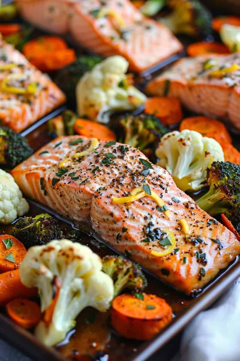 Effortless one-pan meal: Sheet Pan Salmon and Veggies with succulent salmon fillets and a mix of roasted carrots, broccoli, and cauliflower.