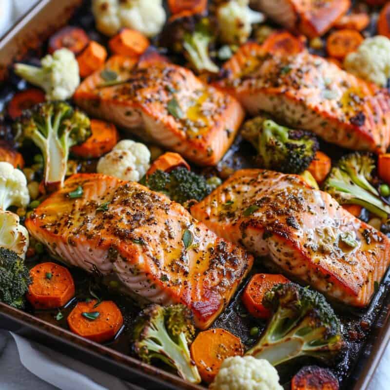Sheet Pan Salmon and Veggies offering a balanced meal with juicy salmon and colorful roasted vegetables, all prepared on a single pan.