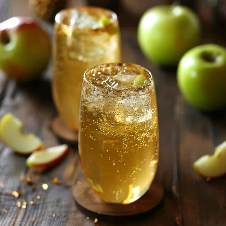 A bubbly glass of Sparkling Apple Cider Mocktail garnished with an apple slice, ideal for alcohol-free celebrations.