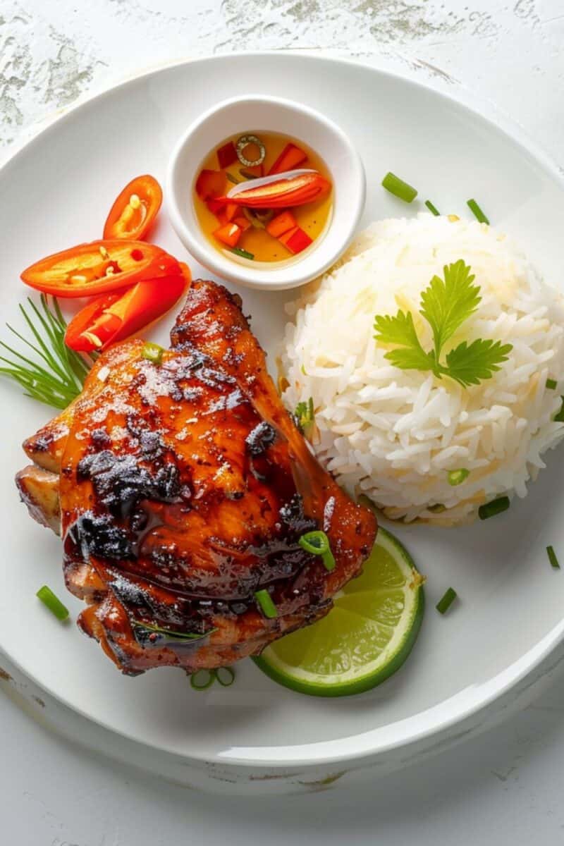 Thai sticky chicken thighs served with fluffy white rice, drizzled with savory glaze.