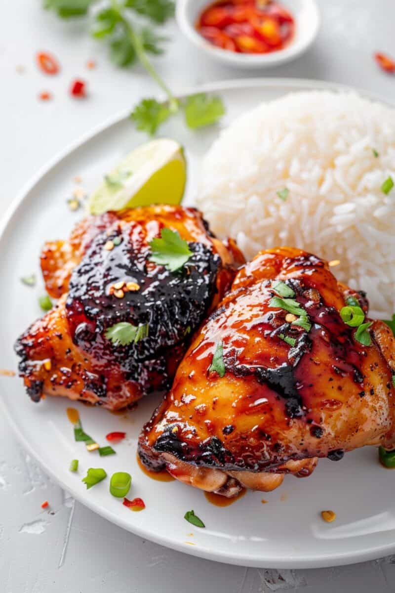 Crispy chicken thighs coated in a sticky, sweet, and slightly spicy Thai sauce.