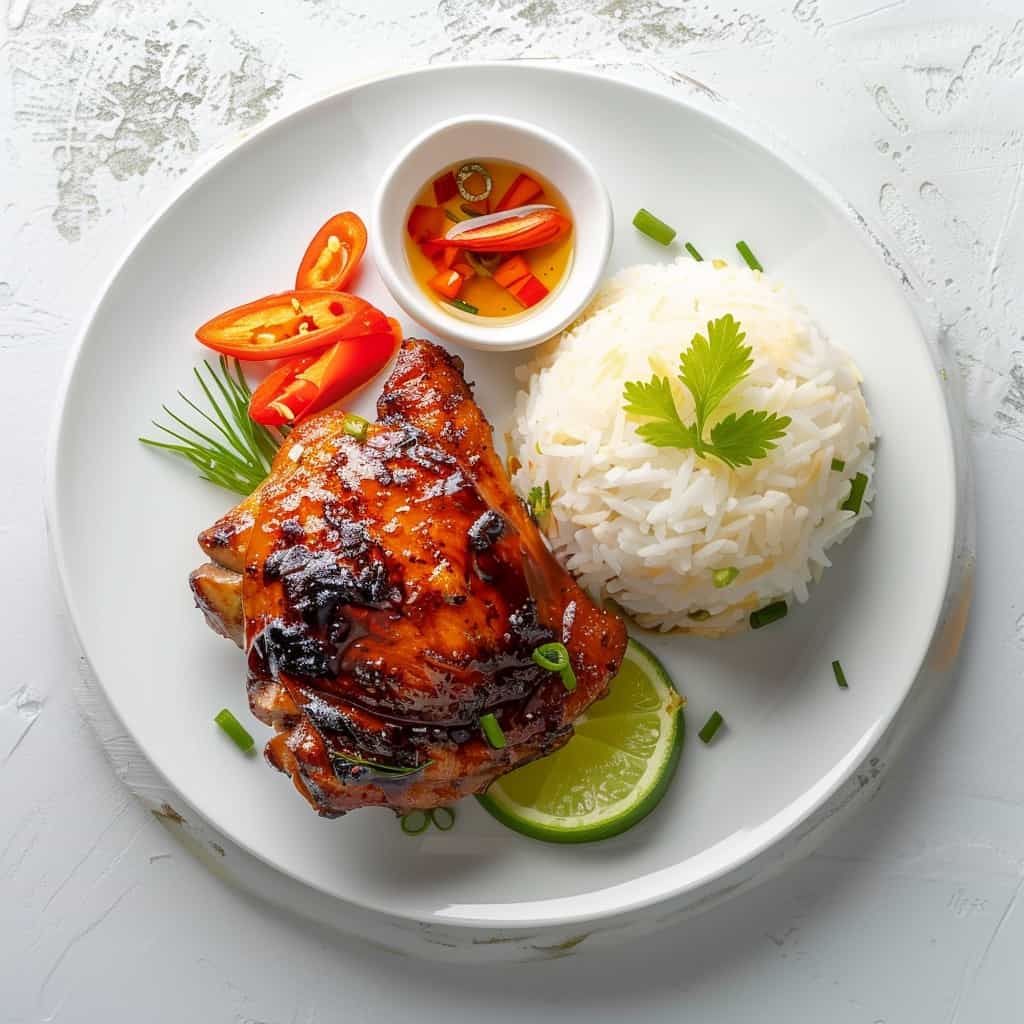 Plate of Thai sticky chicken thighs, showcasing the rich, caramelized sauce and fresh garnish.