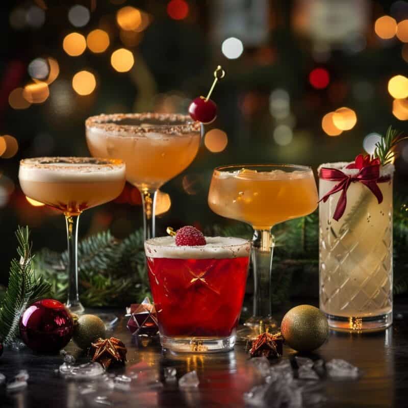 Assorted Thanksgiving mixed drinks garnished with fall spices and fruits, capturing the essence of the holiday season in each glass.