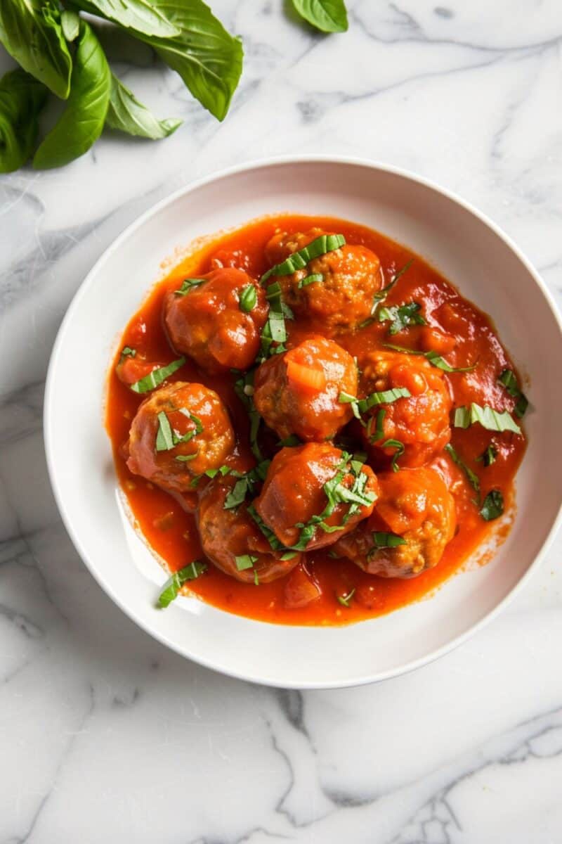 Close-up of tender turkey meatballs in a rich, herb-infused tomato sauce, highlighting the succulent texture and vibrant garnish.