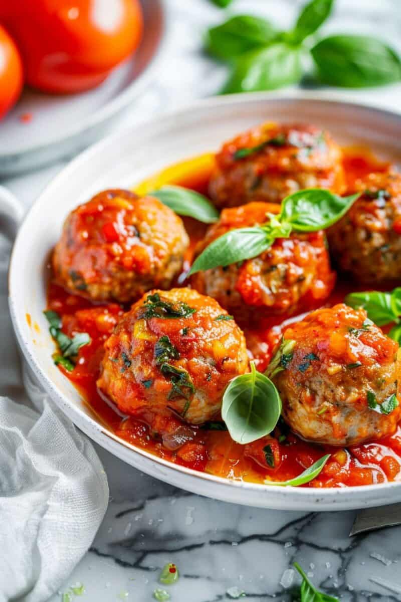A side view of a plate holding turkey meatballs drenched in tomato sauce, garnished with basil, showcasing the juicy meatballs' texture and sauce's richness.