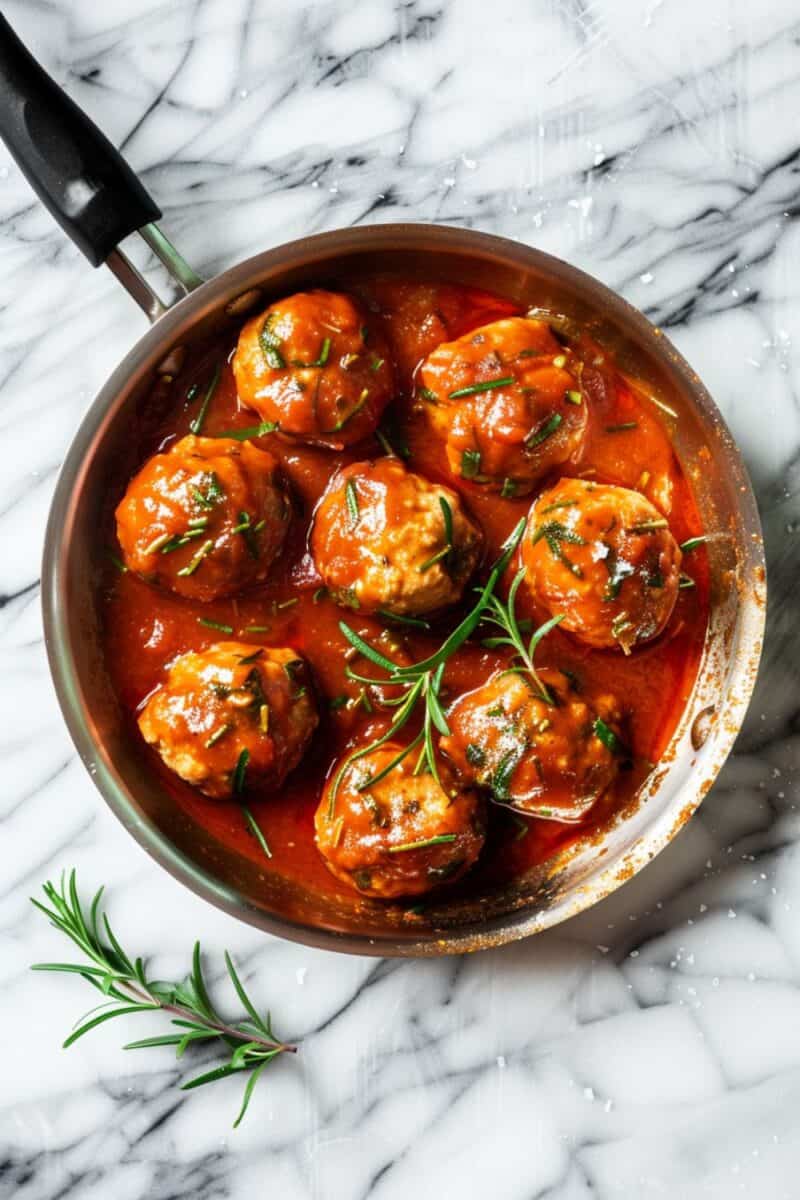 A skillet on a countertop filled with savory turkey meatballs in a rich tomato sauce.