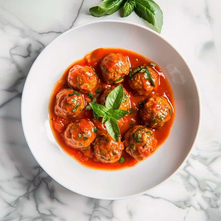A warm, inviting dish of turkey meatballs simmered in a homemade tomato sauce, garnished with fresh herbs and served in a deep bowl.