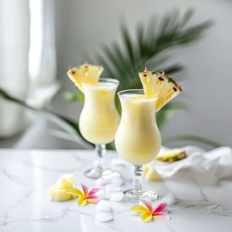 Two Virgin Pina Colada glasses on a white countertop, garnished with pineapple wedges.