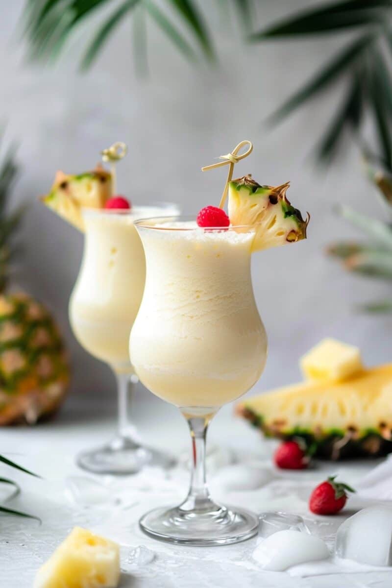 Glasses of Virgin Pina Colada with pineapple and cherry garnishes on a white countertop.