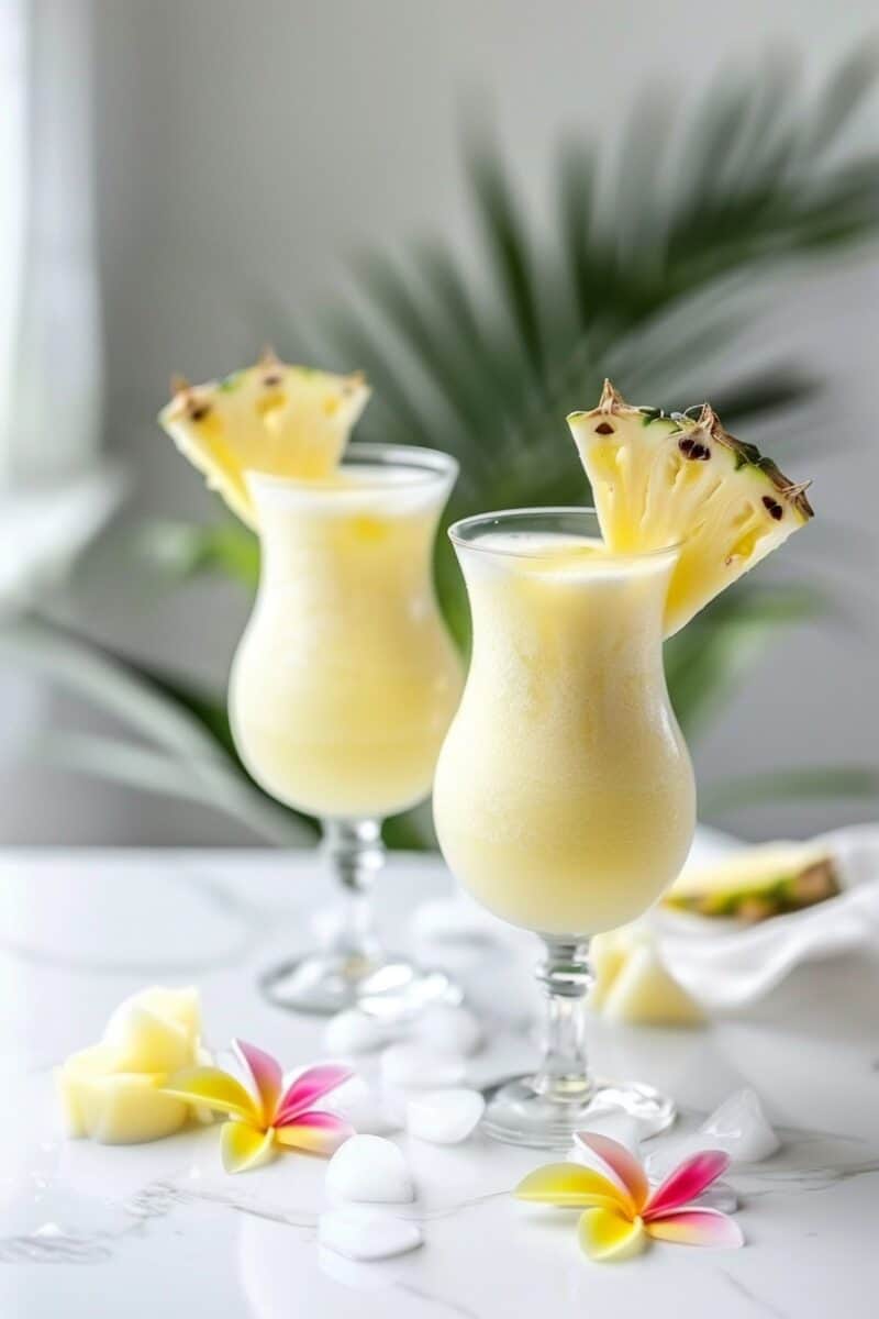Two glasses filled with Virgin Pina Colada, complete with pineapple slice garnishes, on a pristine white countertop.