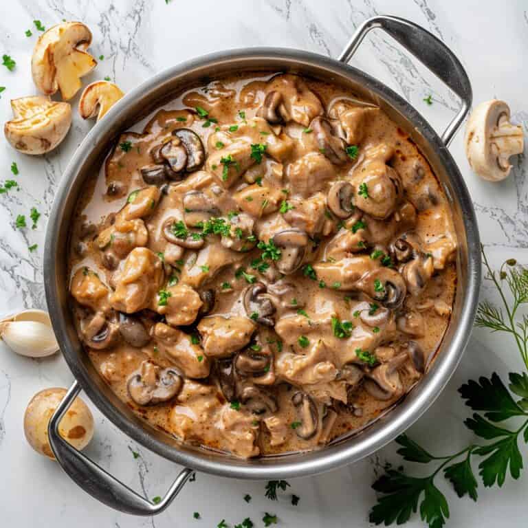 On a pristine white marble countertop sits a steaming pot of Chicken Stroganoff. Creamy sauce coats tender chicken and earthy mushrooms, promising a comforting meal that's both elegant and satisfying.