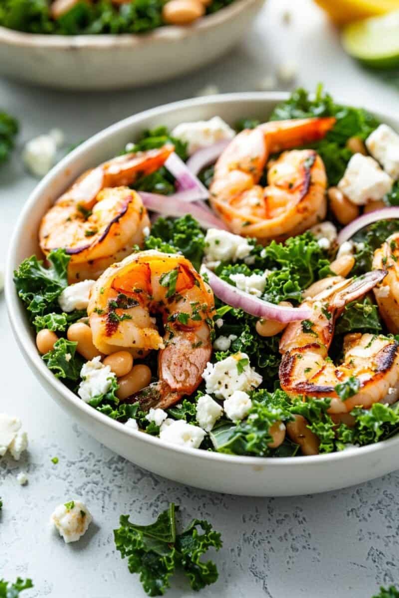 Healthy Kale White Bean Salad with pan seared shrimp on top, showcasing a colorful mix of greens, beans, perfect for a nutritious meal.