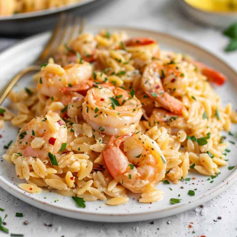 A white plate filled with one-pot shrimp orzo, showcasing perfectly cooked pink shrimp, al dente orzo pasta, and a sprinkle of fresh parsley on top, all bathed in a light, savory sauce.