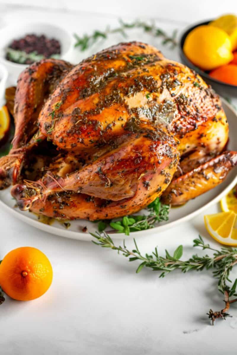 A succulent, golden-brown turkey presented on a white platter, its flavors enriched by a meticulous dry brine process.