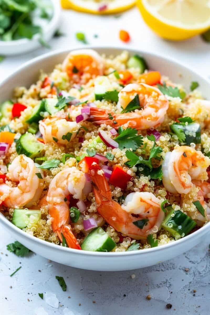 Grilled shrimp atop quinoa, mixed with crisp cucumbers and bell peppers, finished with fresh cilantro and a tangy dressing.