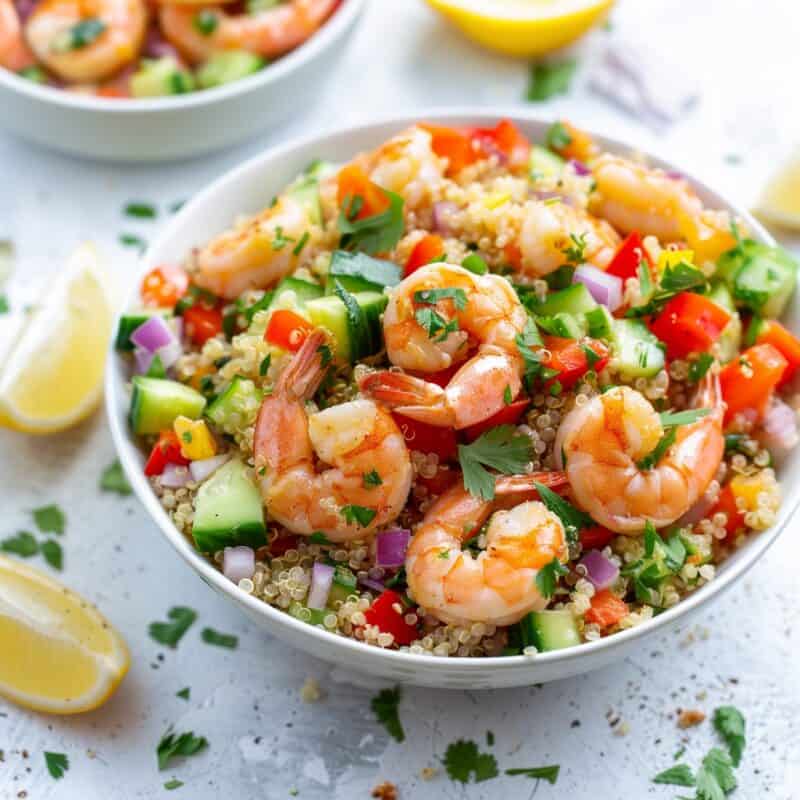 A colorful bowl of shrimp quinoa with grilled shrimp, diced cucumbers, sliced red bell peppers, topped with cilantro and drizzled with vinaigrette.