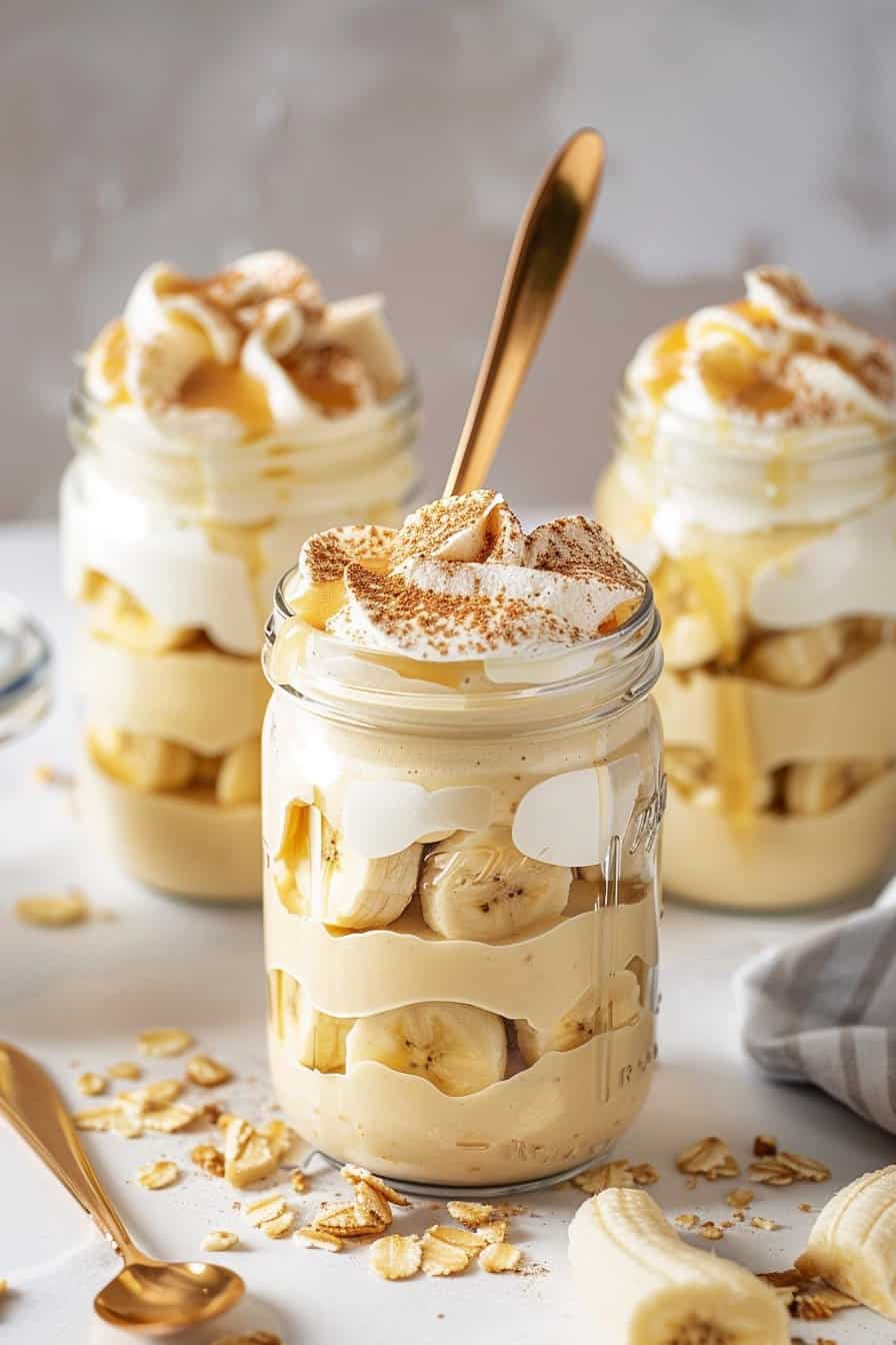 A layered banana pudding in a clear jar, with vanilla wafers, banana slices, and vanilla pudding, topped with whipped cream and a dusting of cinnamon.