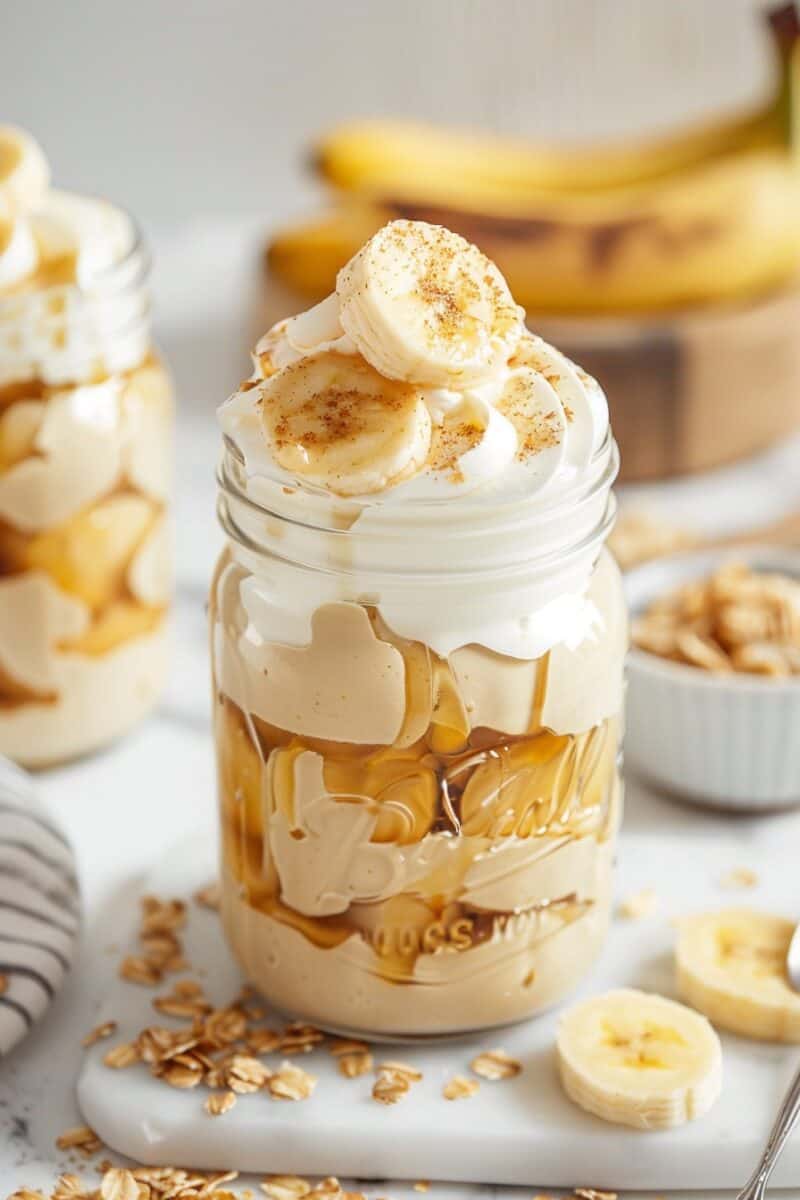 A close-up view of banana pudding in a jar, showcasing the creamy vanilla pudding, banana slices, drizzles of caramel, and a whipped cream topping with a sprinkle of cinnamon.