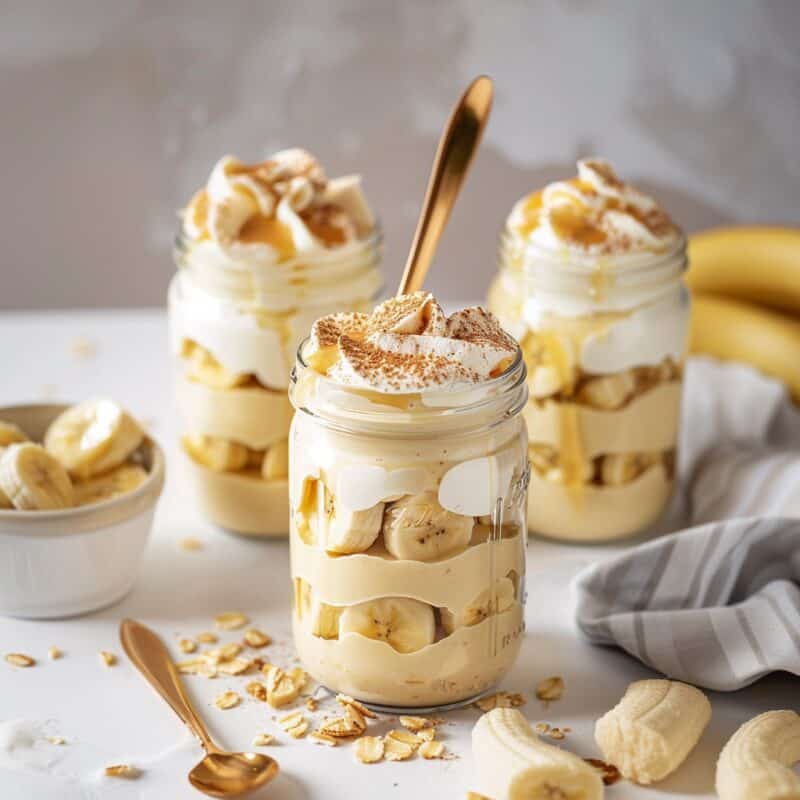 Three jars of banana pudding on a white surface, with layers of vanilla wafers, banana slices, and creamy pudding, topped with whipped cream and a sprinkle of cinnamon, accompanied by a gold spoon.