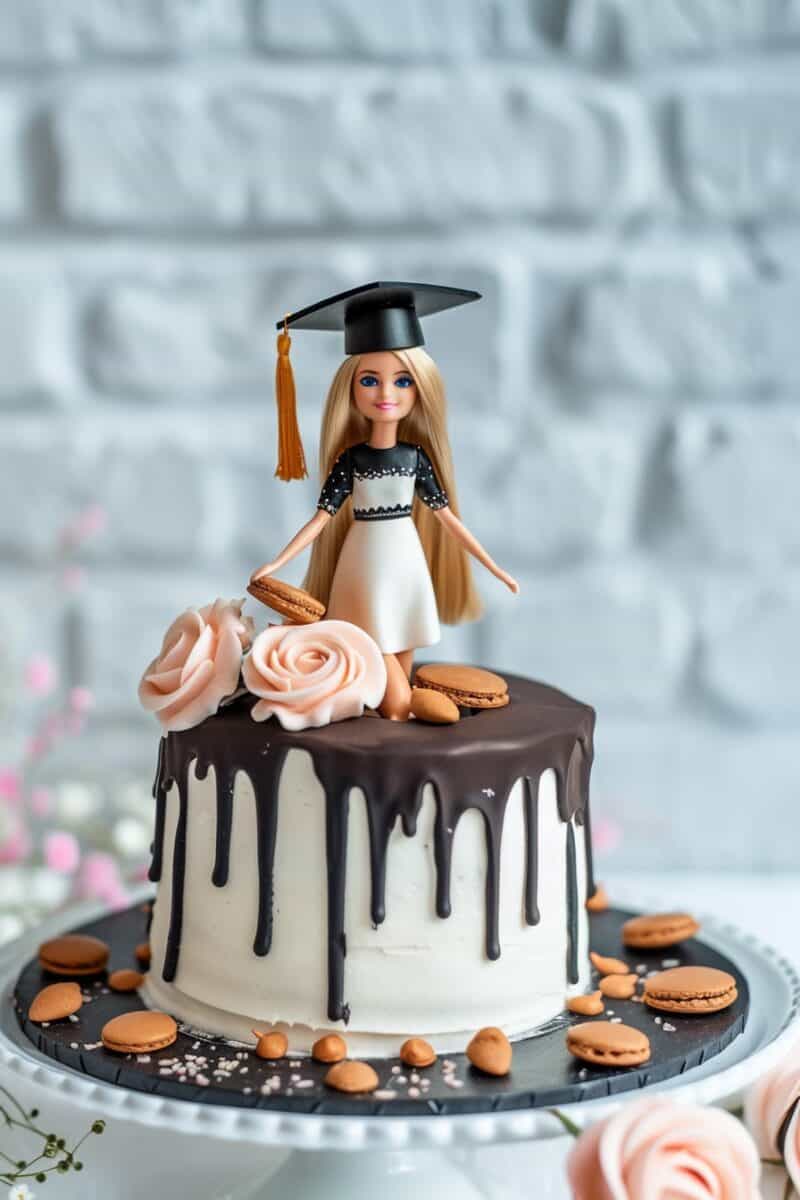Barbie graduation cake with a doll in a black cap and gown, atop a white cake with dripping chocolate icing and elegant roses.