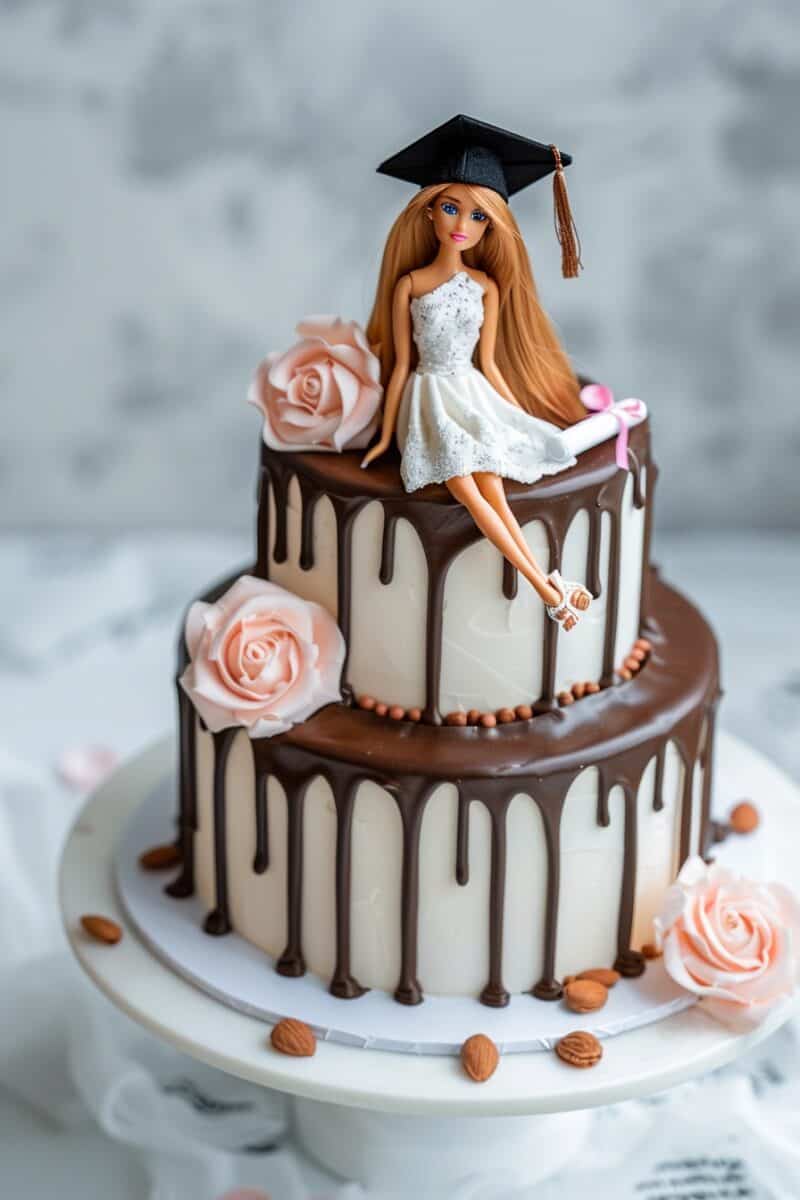 Barbie in a white lace graduation dress sitting on a two-tier chocolate and white cake adorned with pink roses and pearls.