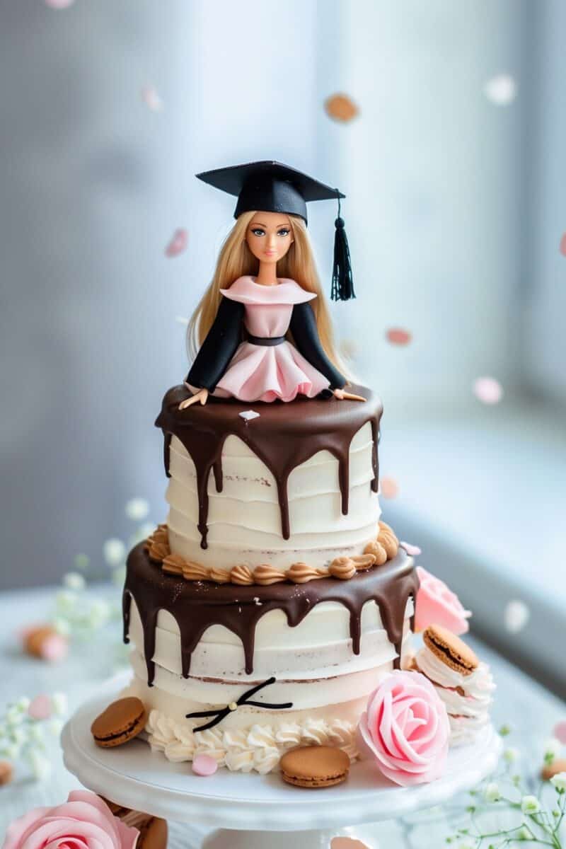 Barbie dressed in a pink and black gown, with a graduation cap, atop a white and chocolate cake with pink roses and macaron accents.
