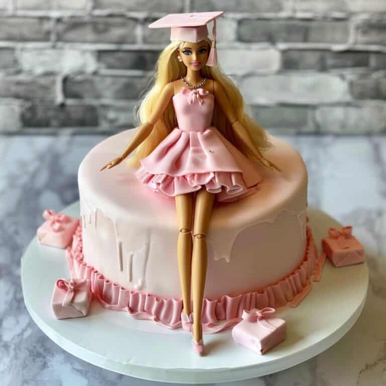 Barbie graduation cake featuring a Barbie doll dressed in a pink graduation gown and cap, with matching fondant diploma and graduation cap accents on a soft pink cake.