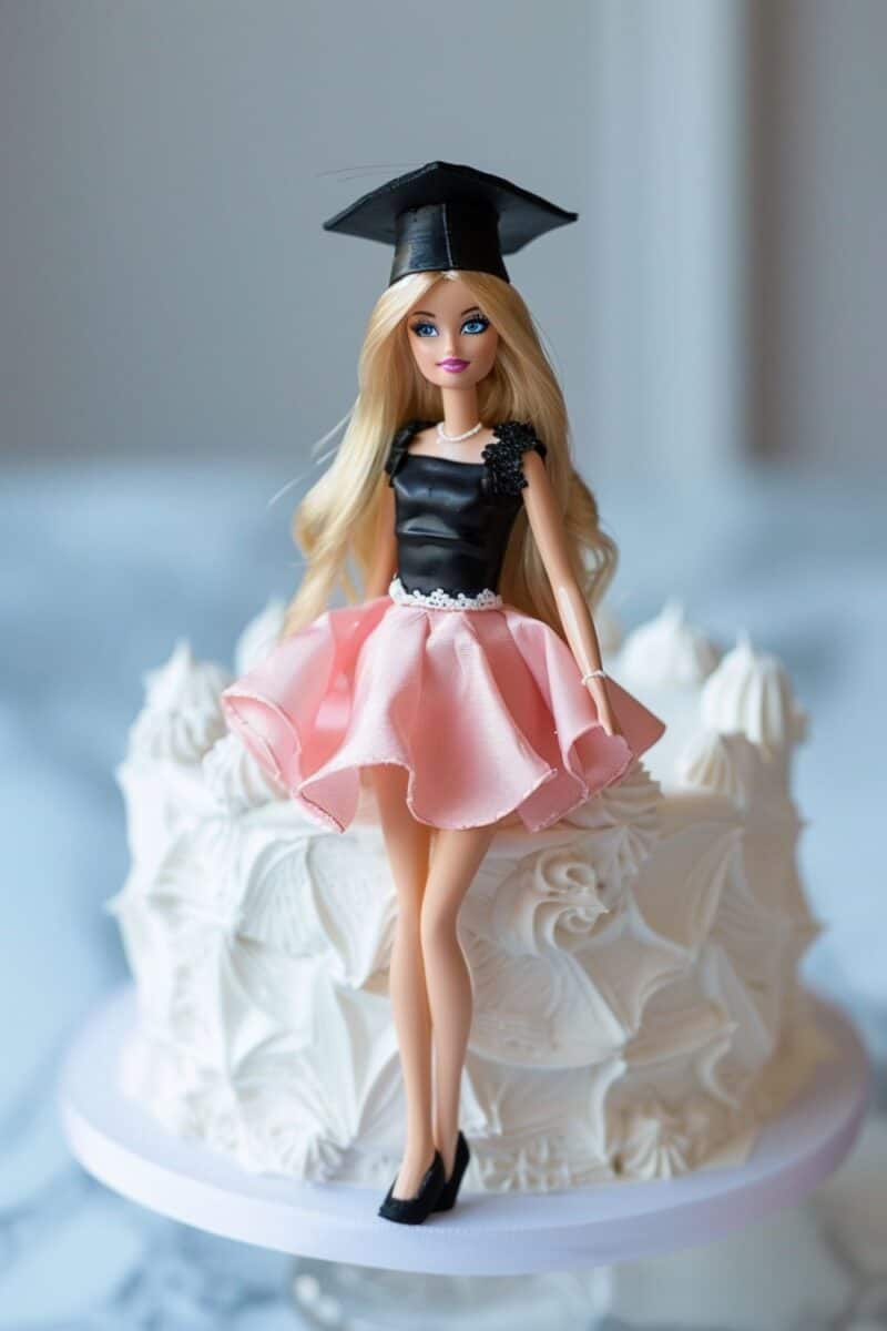 Barbie doll in a black lace dress with a pink skirt on a graduation cake with intricate white icing and pink roses.