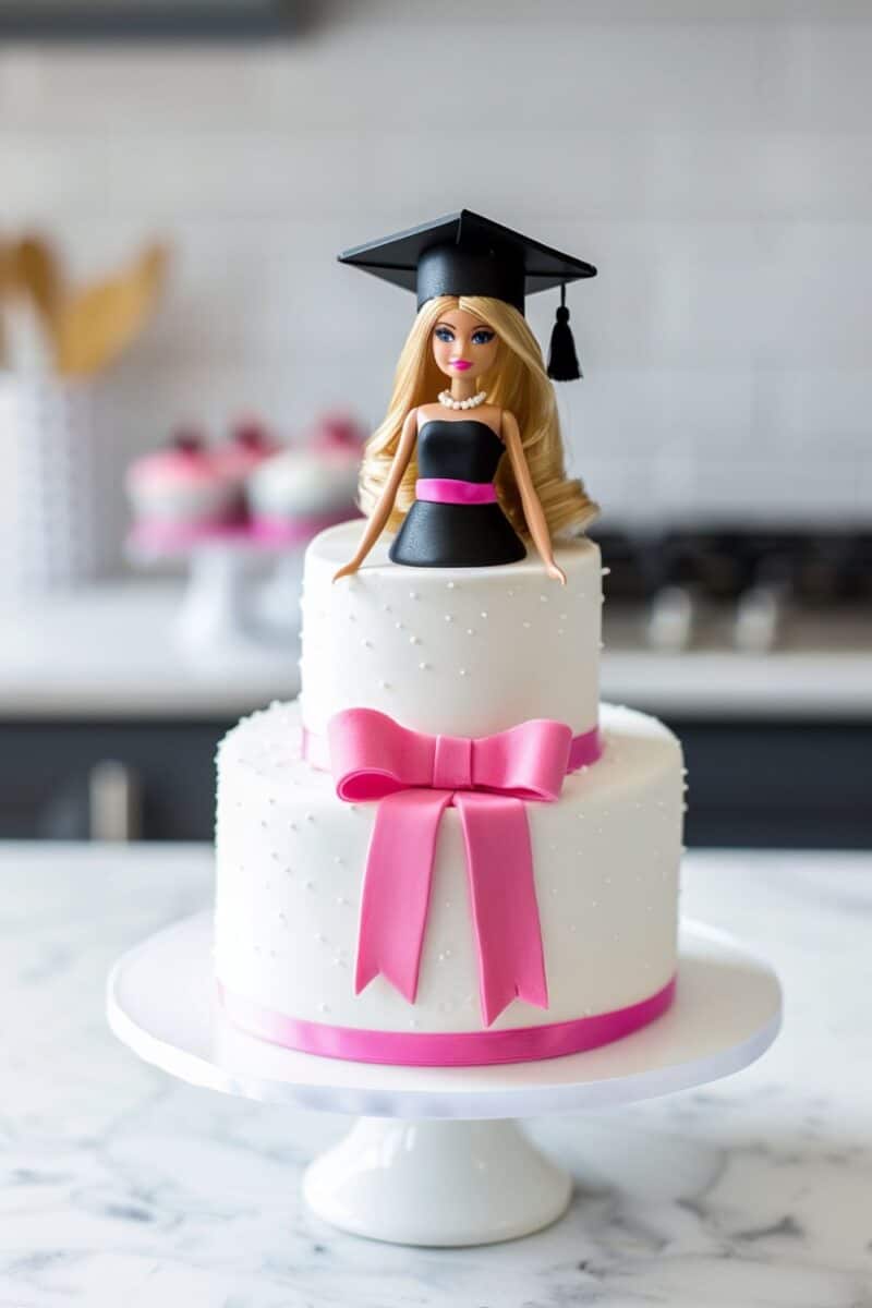 Graduation cake featuring Barbie with a black polka dot ribbon, white dotted icing, and a pink fondant base.