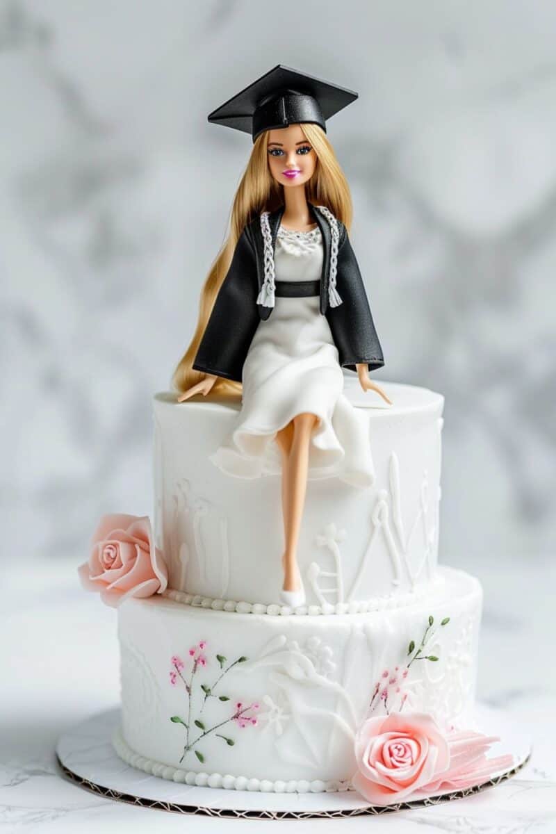 Barbie graduation cake with an elegantly dressed doll in black and white, seated on a cake with white floral patterns.