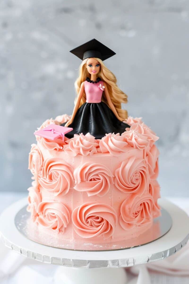 Pink rose-swirled Barbie graduation cake with a Barbie doll in a black and pink outfit, holding a graduation cap.
