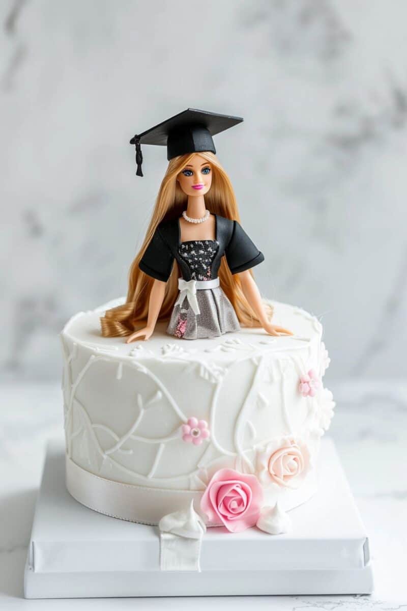 Chic Barbie graduation cake with a doll in a silver glittery gown and pink floral embellishments on white icing.
