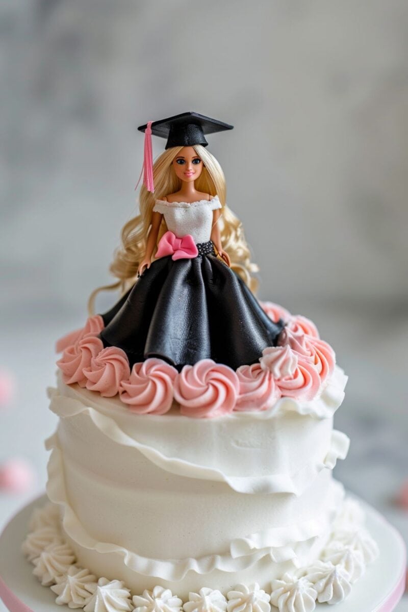 Barbie doll wearing a cap and pink-trimmed gown on a tiered cake with white ruffles and pink ribbon details.