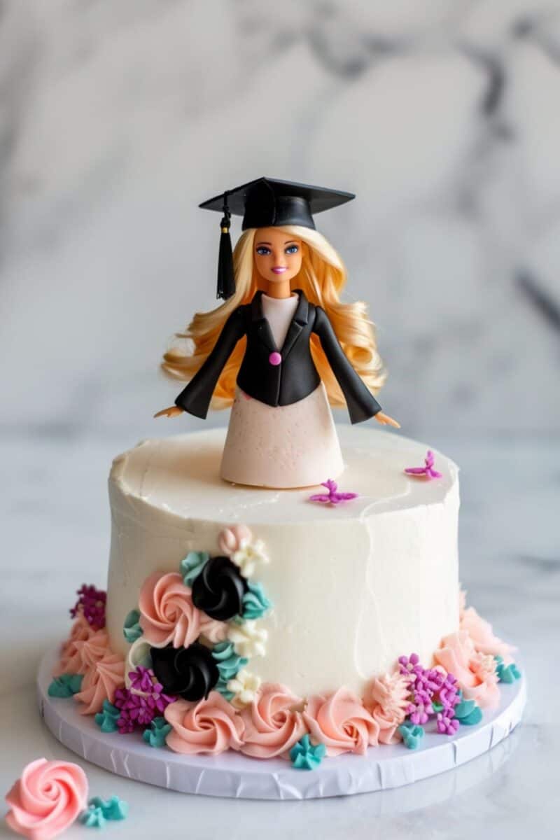 Barbie graduation cake adorned with multicolored floral accents and a Barbie in a black gown with a pink sash.