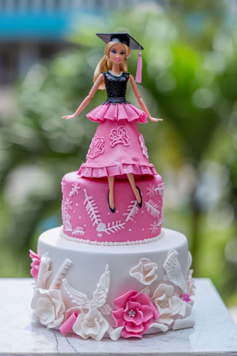 Bright and festive Barbie graduation cake with a doll in a pink dress and detailed white and pink fondant accents.