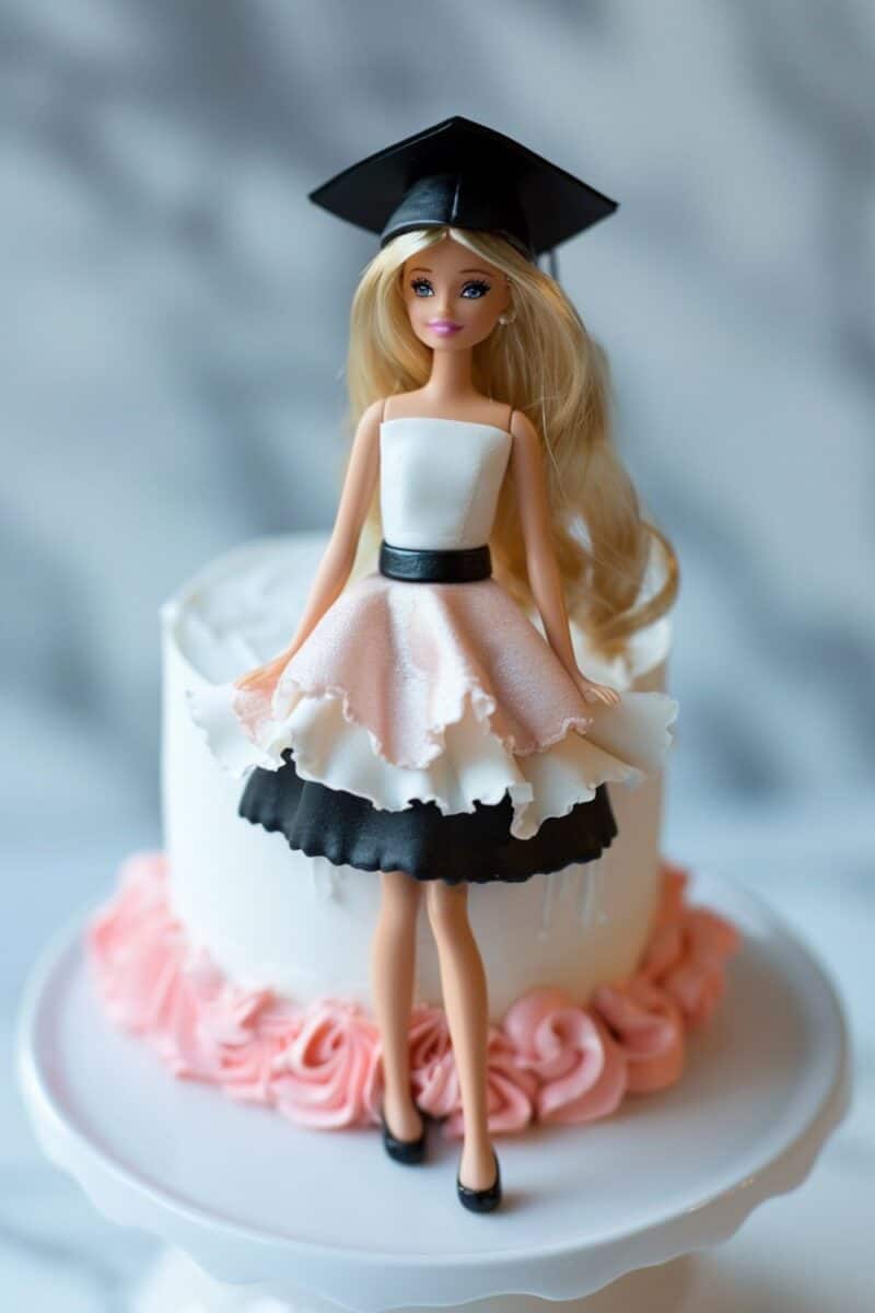 Simple and elegant Barbie graduation cake with a Barbie in a white and black dress on a cake with pink ruffled frosting.
