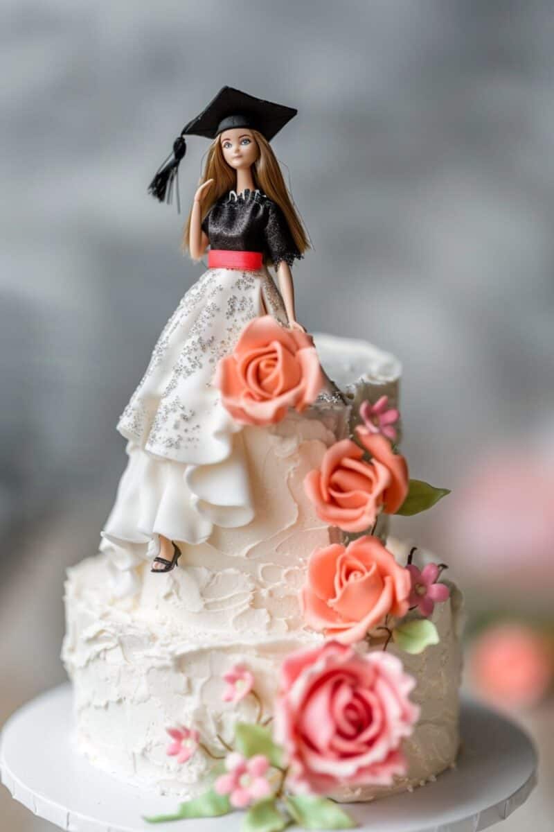 Elegant Barbie graduation cake with a Barbie doll in a black and white gown surrounded by pink and red roses.