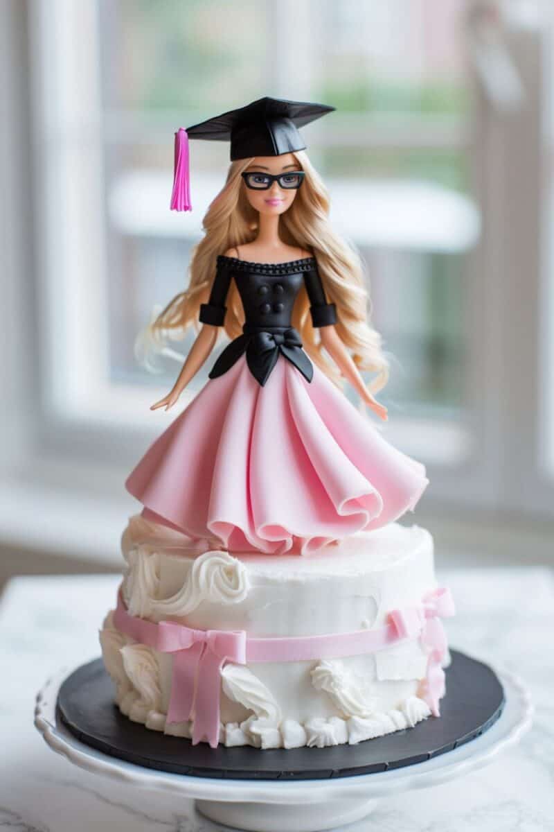 A stylish Barbie in a cap and glasses, standing on a graduation cake with pink gown details and white frosting.