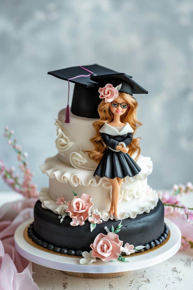 Tiered Barbie graduation cake with a Barbie wearing glasses and a black cap, accented with pink roses and white frosting.