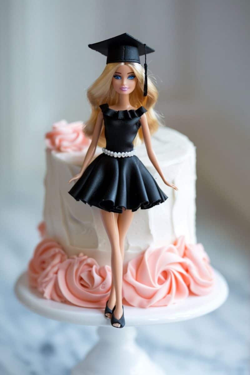 Stylish Barbie graduation cake with a doll wearing a black gown, a pink sash, and a cap on a white cake with pearls.