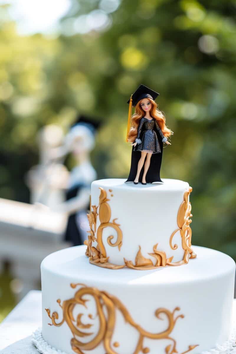 Barbie graduation cake topped with a Barbie doll in a sparkling black gown and graduation cap, featuring elegant golden swirls on a white fondant base.