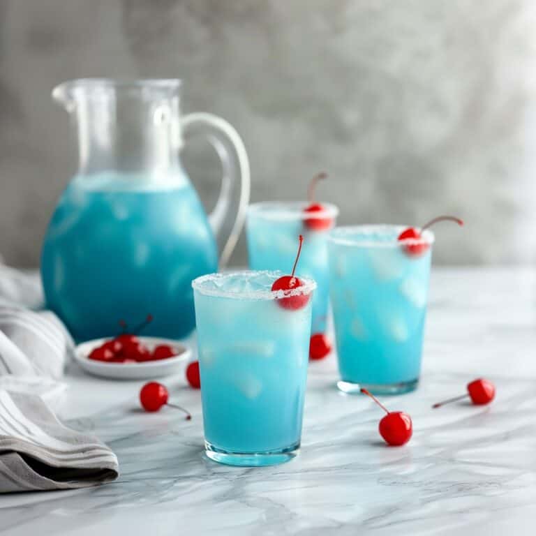 A sleek, transparent pitcher filled with vibrant blue lemonade, alongside three glasses each brimming with the same captivating beverage, sits on a smooth, gray background. Each glass is meticulously garnished with a Maraschino cherry, adding a pop of red to the serene setup, inviting a taste of refreshing drinks.