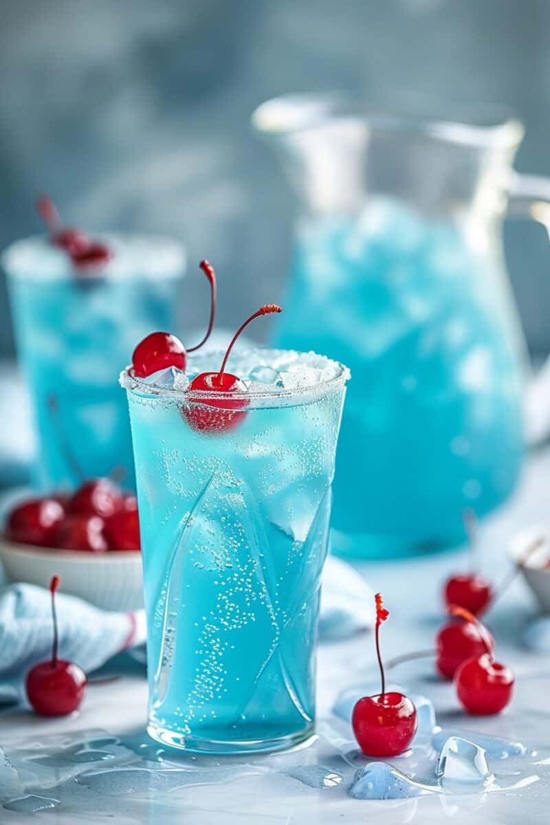Blue Hawaiian Rum Punch, a clear pitcher filled with a bright blue beverage, flanked by two glasses served over ice. Each glass is garnished with a Maraschino cherry, contrasting beautifully with the blue drink. The setup exudes a festive and refreshing vibe, perfect for a celebration or a relaxing day.