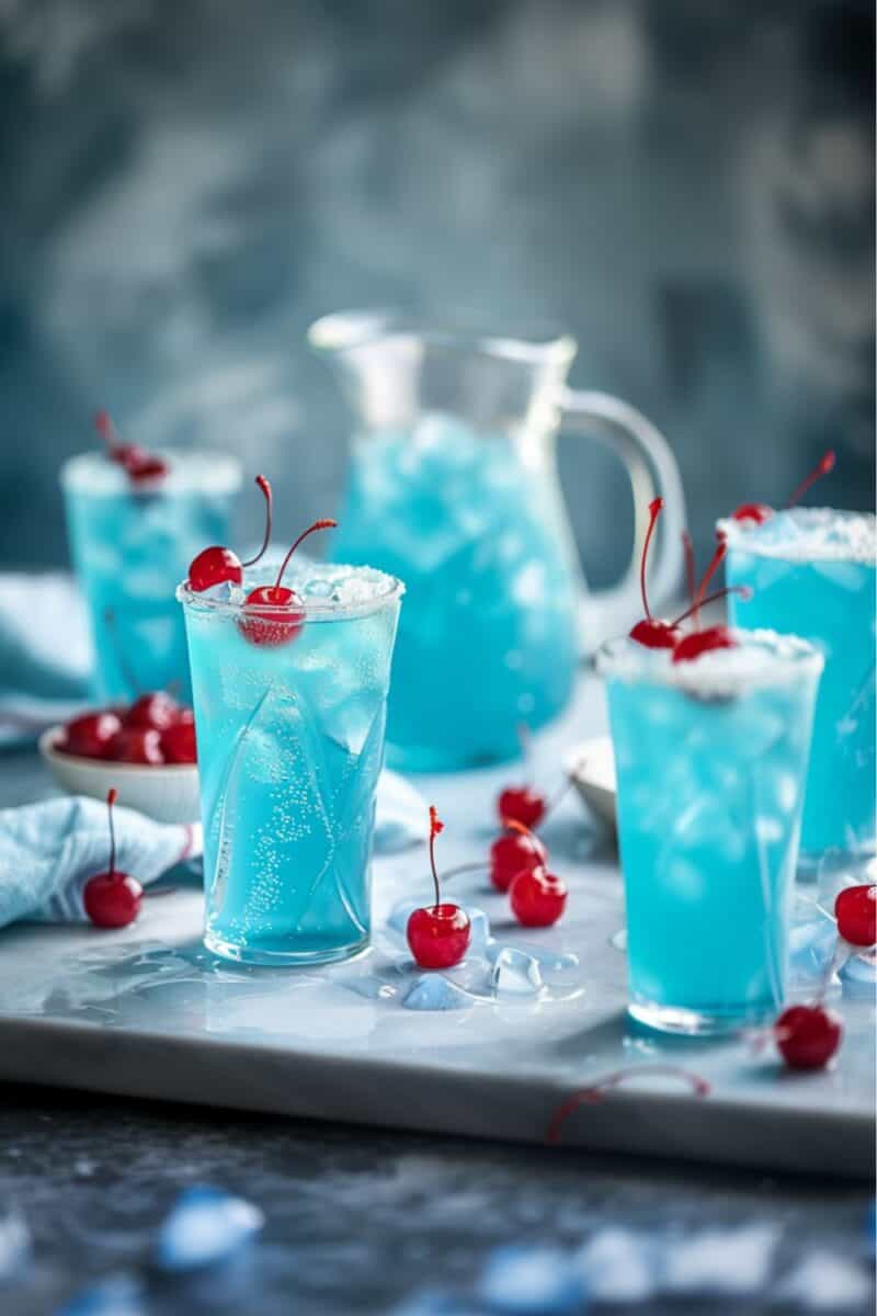 Blue Hawaiian Rum Punch, This image features a clear pitcher filled with a vibrant blue punch, surrounded by four glasses each brimming with the chilled beverage and ice. A Maraschino cherry adorns the top of the ice in each glass, adding a splash of red to the cool blue, creating a festive and inviting display.