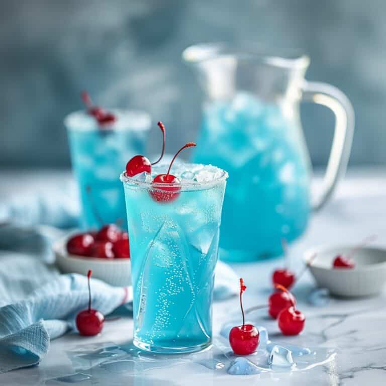 Blue Hawaiian Rum Punch, a clear pitcher filled with a bright blue beverage, flanked by two glasses served over ice. Each glass is garnished with a Maraschino cherry, contrasting beautifully with the blue drink. The setup exudes a festive and refreshing vibe, perfect for a celebration or a relaxing day.