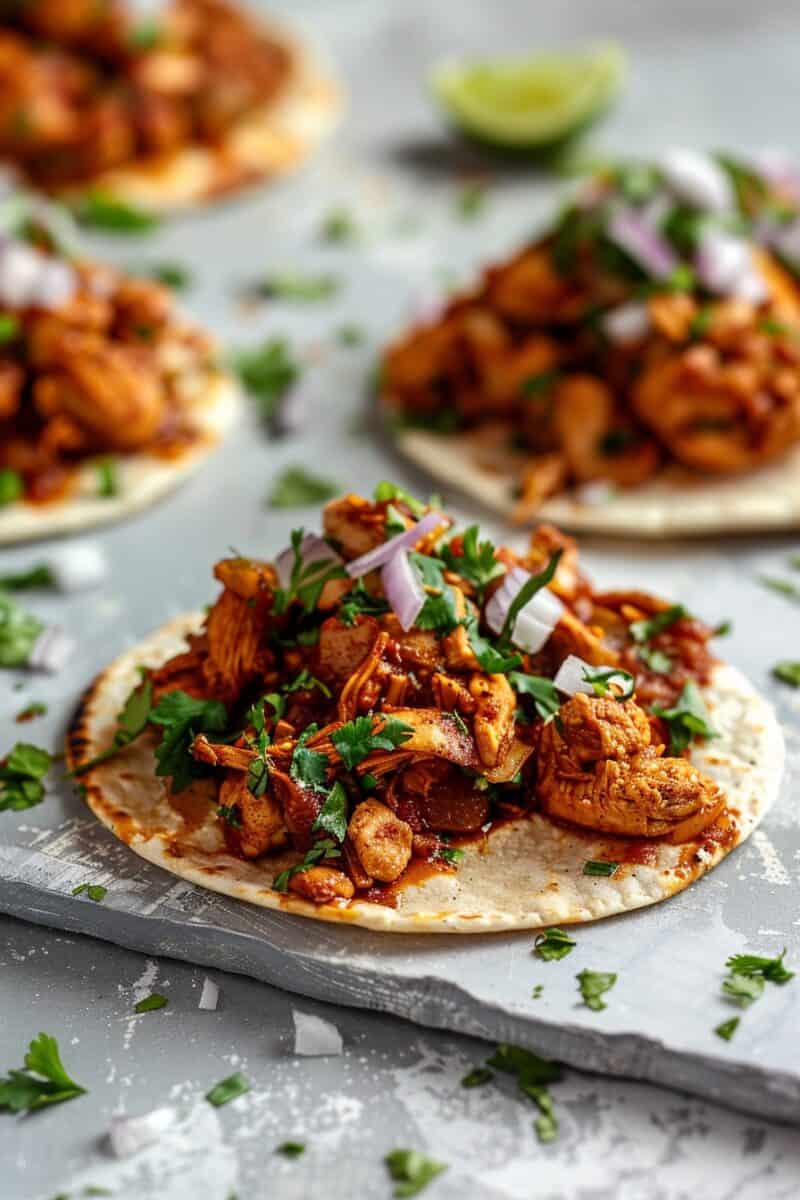 An image of open-faced tacos with Chicken Al Pastor, showcasing the marinated, grilled chicken generously topped with diced onions and fresh cilantro on soft, open corn tortillas, ready to be enjoyed.