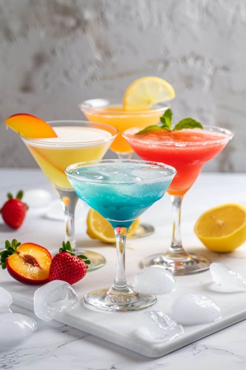 This image features a vibrant array of Cinco de Mayo cocktails, including colorful margaritas and festive tequila drinks, arranged on a decorated party table.