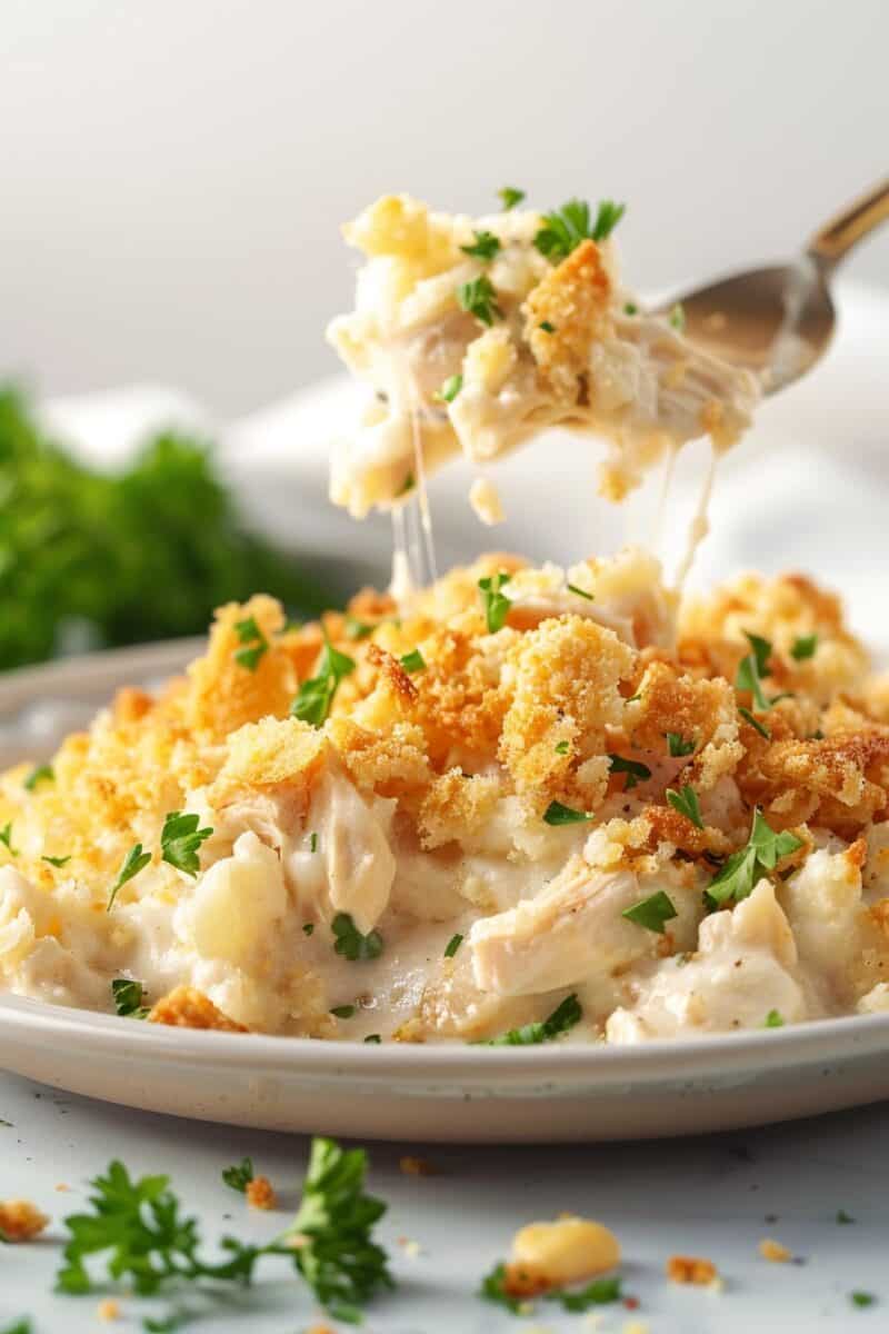 A serving of Million Dollar Chicken made on a crockpot on a plate, showcasing layers of creamy chicken filling beneath a golden, crispy topping of crushed Ritz crackers, ready to be enjoyed.