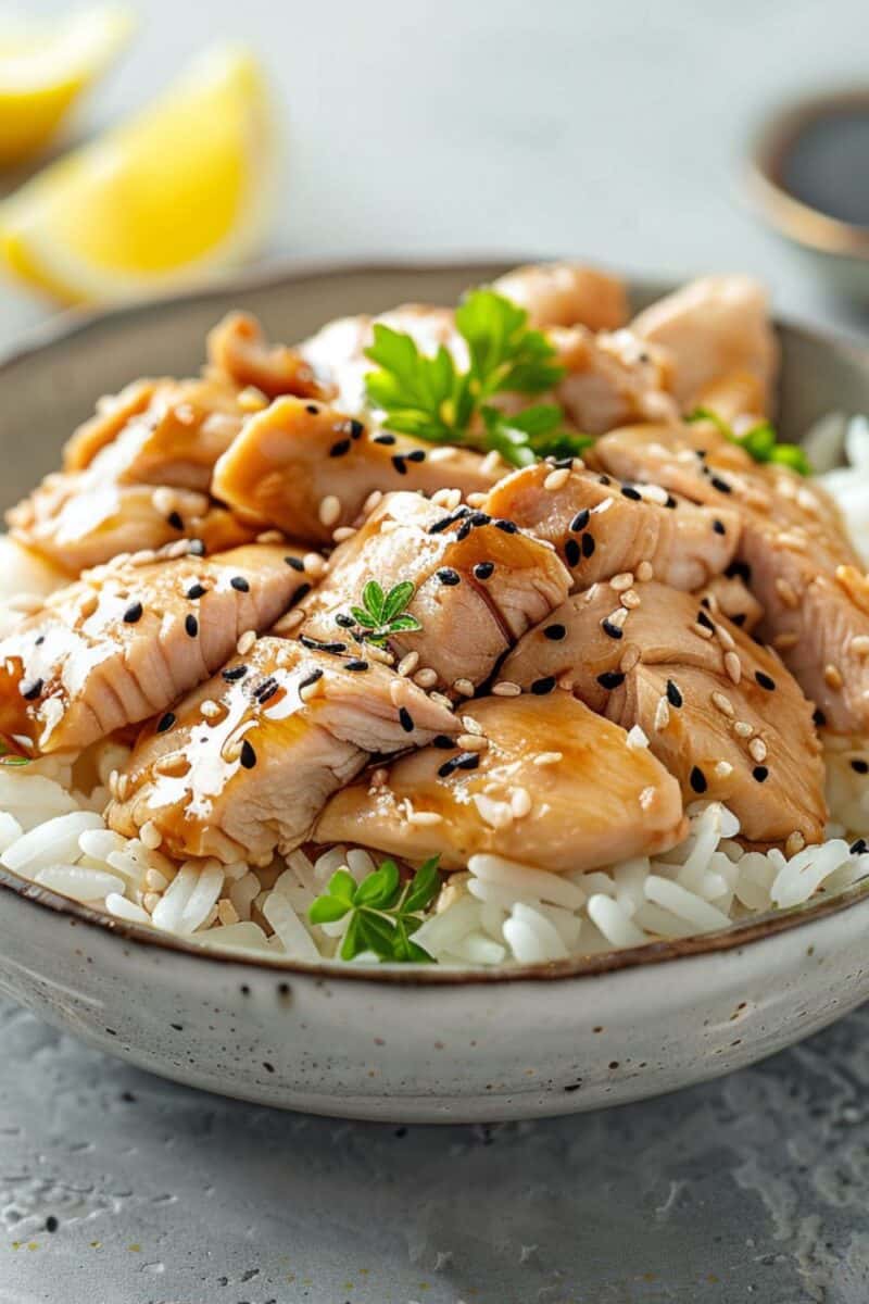 Tender chunks of chicken drizzled with a sesame soy glaze, sprinkled with sesame seeds and fresh herbs, atop white rice for a simple yet delicious easy dinner idea.